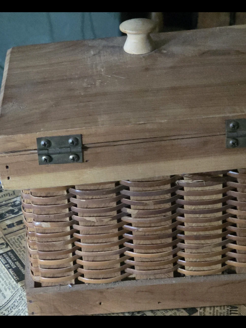 Wooden Woven Basket Box with Lift-Up Lid - Natural Wood